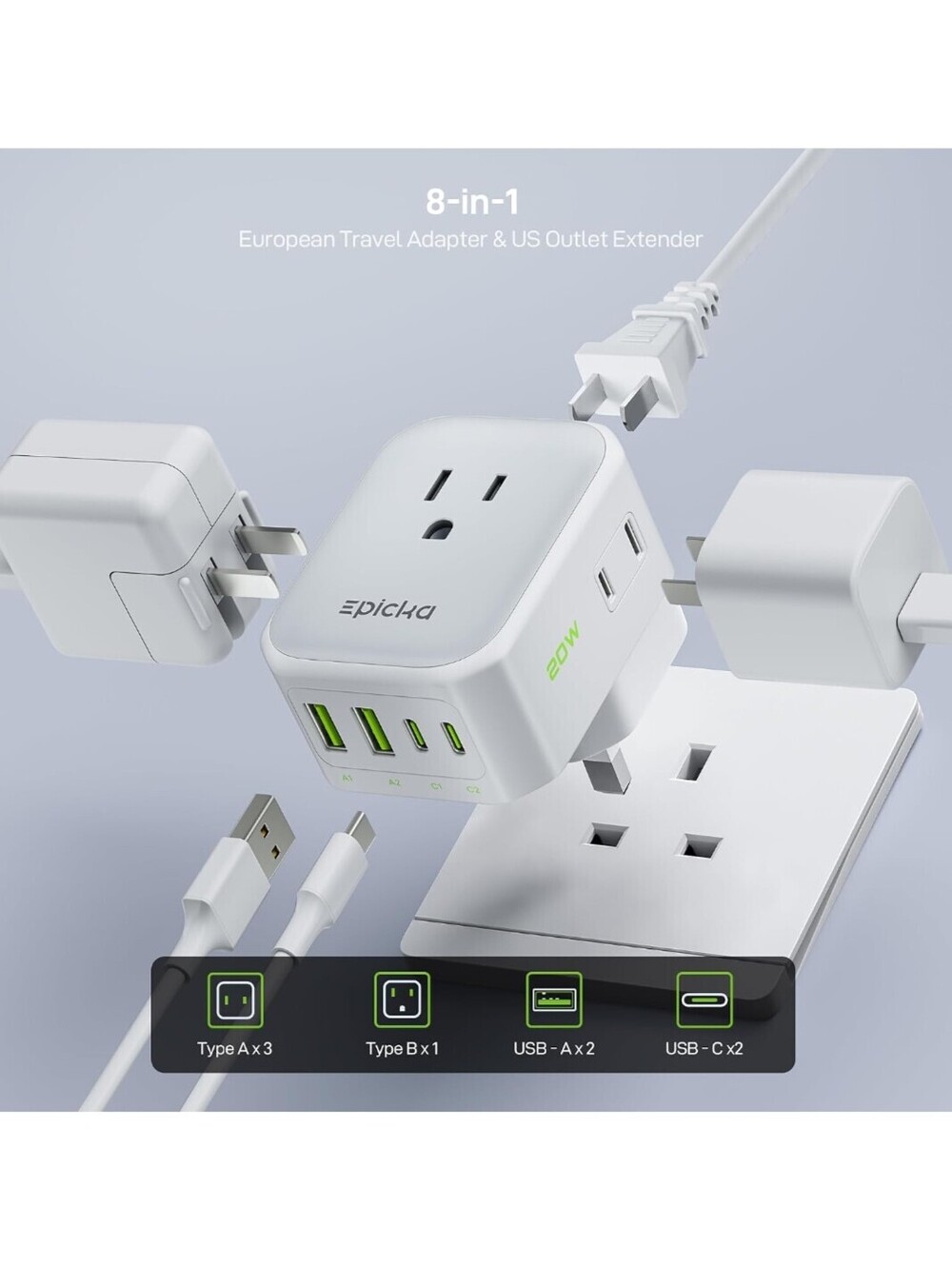 Epicka Hybrid 8-in-1 Travel Adapter 20W with Schuko (EU) VisaPlug - NEW